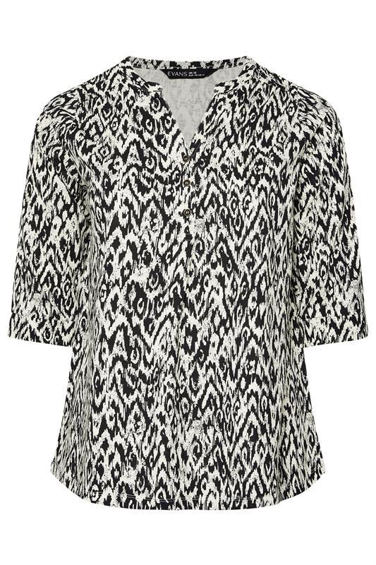 EVANS Plus Size Black Abstract Print Pleat Front Henley Top | Evans 5
