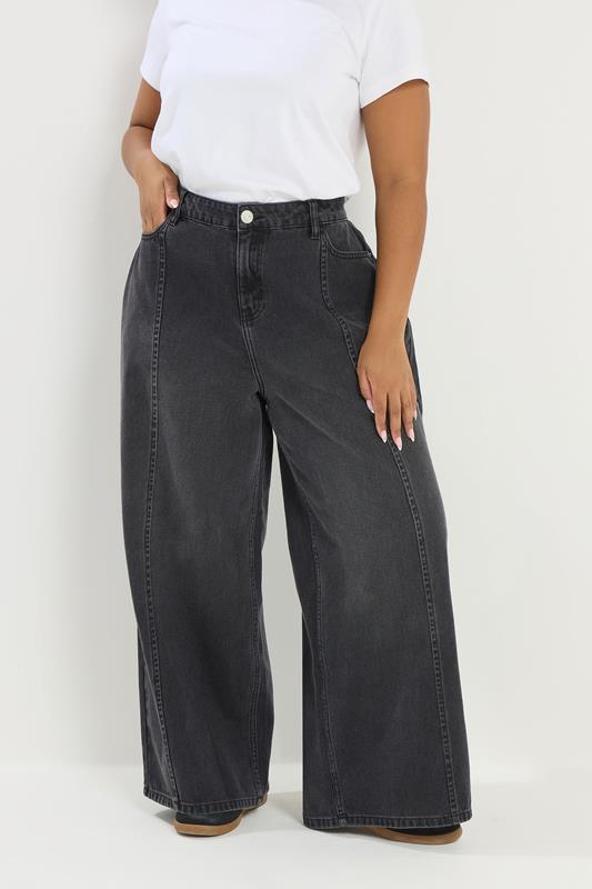 YOURS Curve Black Front Seam Detail Wide Leg Jeans