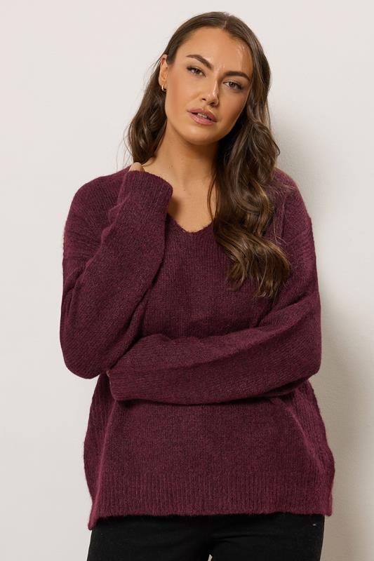 EVANS Plus Size Purple Knitted V-Neck Jumper | Evans  1