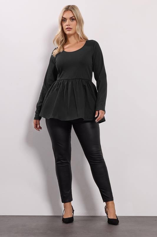 YOURS Plus Size Black Mixed Rib Peplum Top | Yours Clothing 4