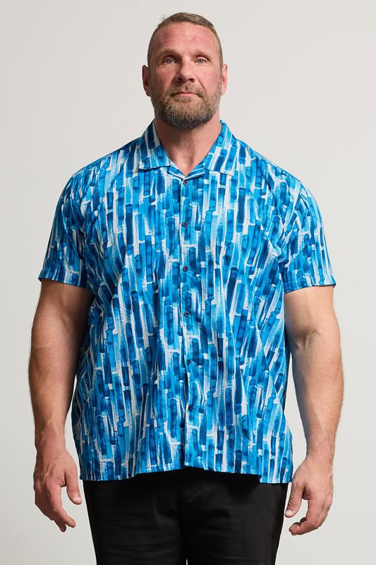 BadRhino Big & Tall Blue Abstract Print Peached Short Sleeve Revere Collar Shirt | BadRhino 1