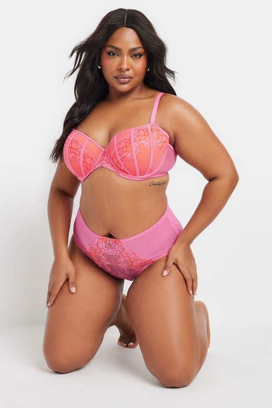 YOURS Plus Size Pink Floral Lace Mesh Full Briefs | Yours Clothing 1