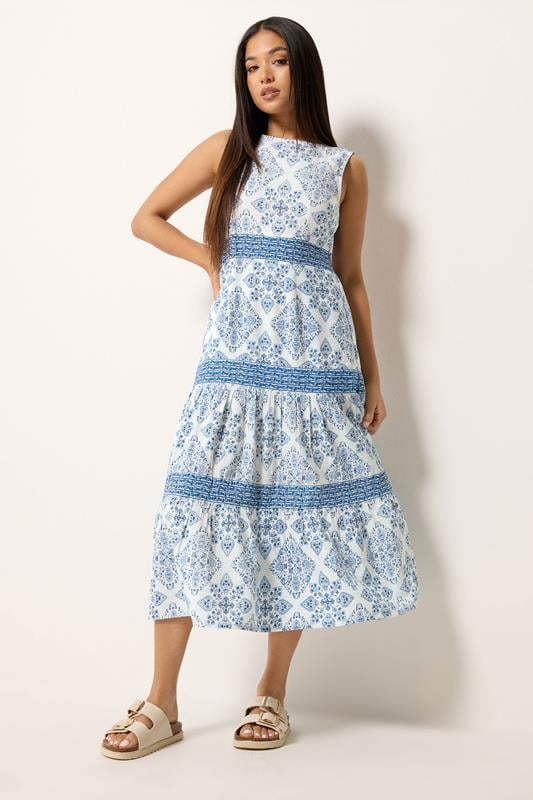  M&Co Petite Light Blue Tile Print Tiered Midi Dress