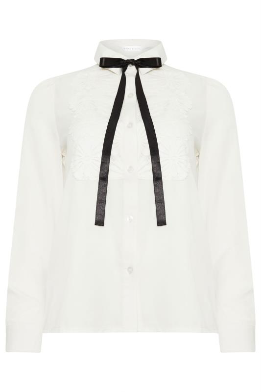 PixieGirl Petite Women's Ivory White Lace Trim Tie Neck Shirt | PixieGirl 5