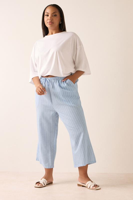 YOURS Plus Size Light Blue Stripe Linen Cropped Trousers | Yours Clothing 2