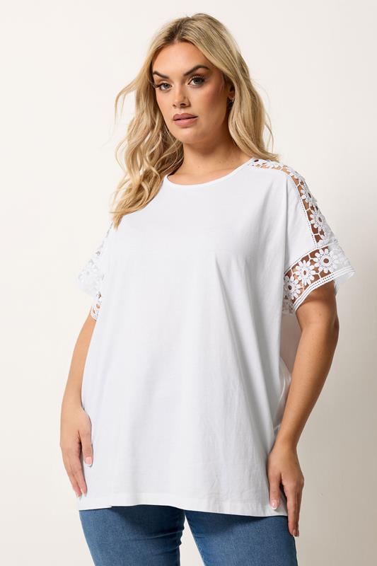 YOURS Curve White Crochet Sleeve Boxy T-Shirt