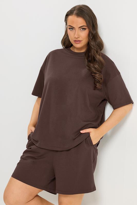 YOURS Curve Set, Chocolate Brown Sweat T-Shirt And Short