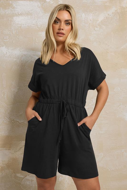 YOURS Plus Size Black Cotton Keyhole Playsuit | Yours Clothing 4
