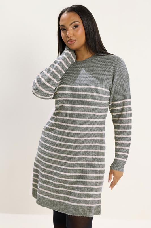 YOURS Curve Grey Striped Knitted Jumper Dress