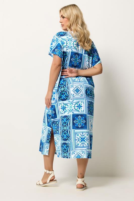 YOURS Plus Size Blue Tile Print Midi Dress | Yours Clothing 2