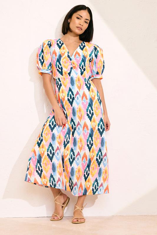 PixieGirl Petite Women's Pink Linen Abstract Puff Sleeve Maxi Dress | PixieGirl 2