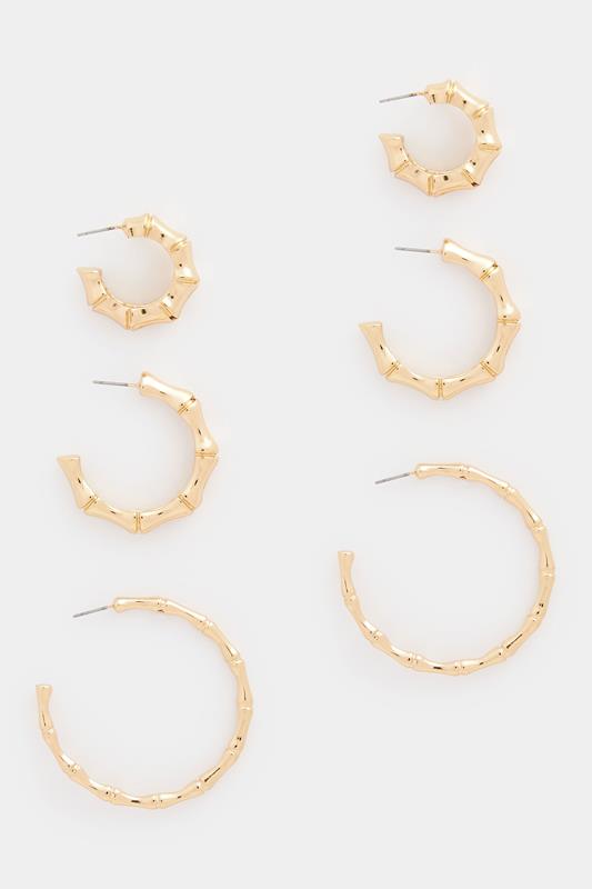 YOURSET 3 PACK Gold Tone Bamboo Hoop Earrings Set | Yours Clothing 1