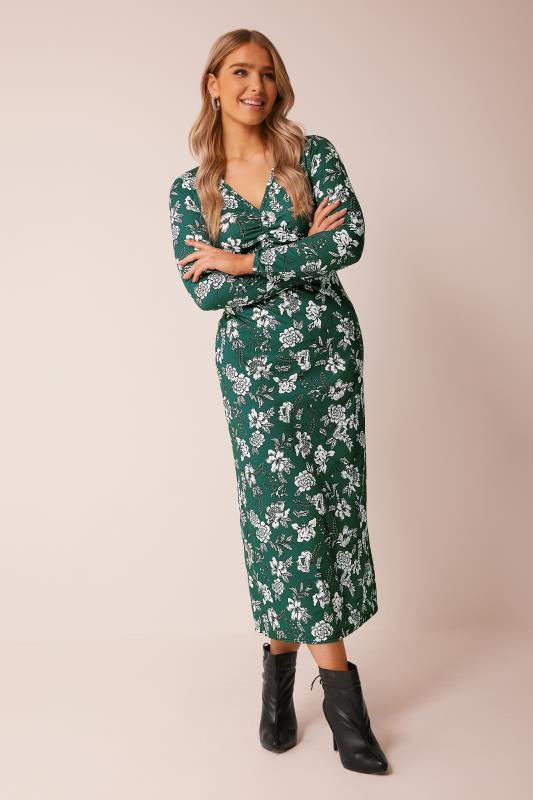 Women's  M&Co Green Floral V-Neck Midi Dress
