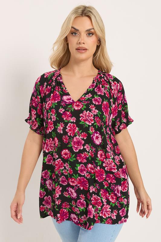 YOURS Plus Size Black & Pink Floral Notch Neck Blouse | Yours Clothng 1