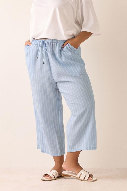 YOURS Plus Size Light Blue Stripe Linen Cropped Trousers | Yours Clothing 2