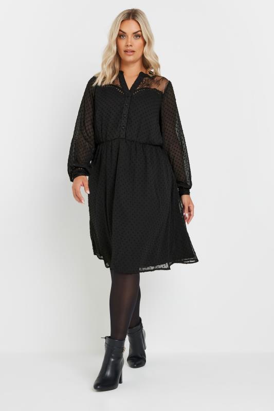 YOURS Plus Size Black Lace Dobby Midi Dress | Yours Clothing 2