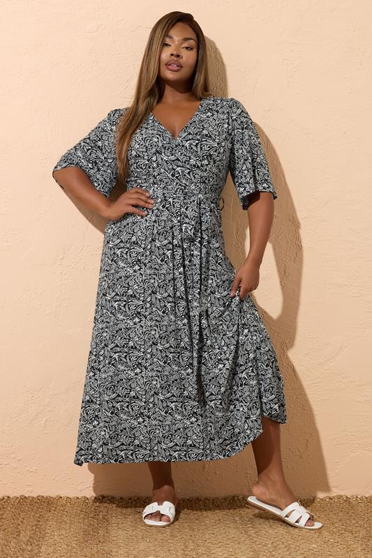 YOURS Plus Size Black & White Floral Wrap Maxi Dress | Yours Clothing 1
