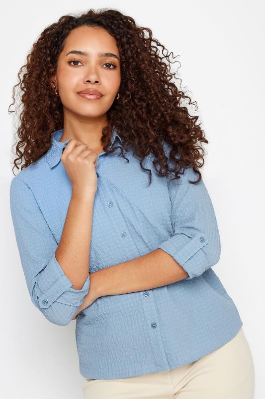 Women's  M&Co Blue Textured Tab Sleeve Shirt