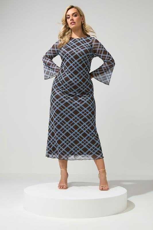 YOURS LONDON Plus Size Chocolate Brown & Blue Checked Mesh Dress | Yours Clothing 1