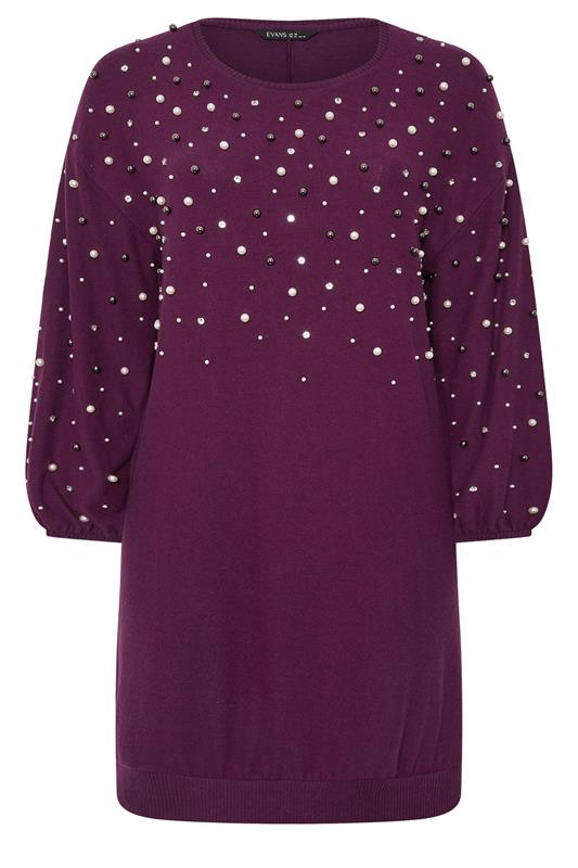 EVANS Plus Size Purple Pearl Embellished Soft Touch Jumper Dress | Evans 5