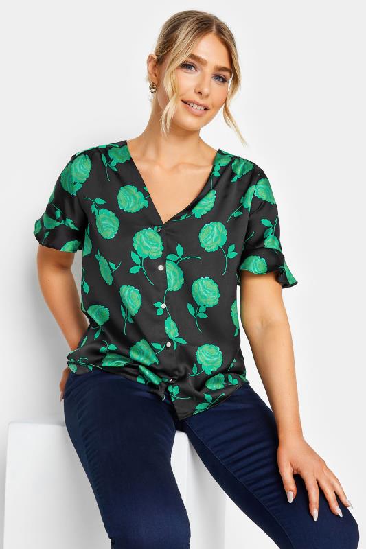 M&Co Black & Green Floral Print Frill Sleeve Blouse | M&Co 1