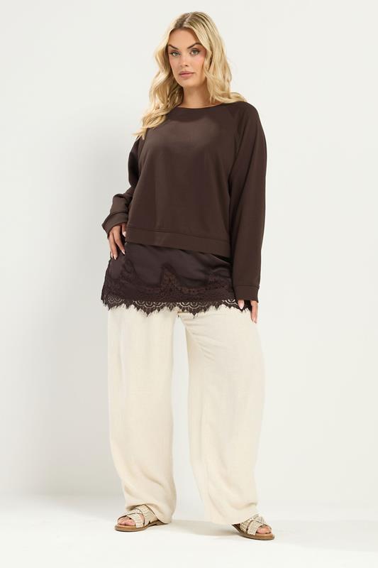 YOURS Plus Size Chocolate Brown Lace 2-In-1 Jumper | Yours Clothing 1