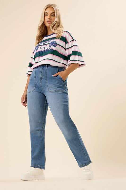 YOURS Curve Mid Blue Slim Barrel Jeans