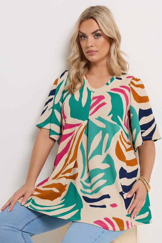 YOURS Plus Size Natural Brown Abstract Textured Pleated Front Top | Yours Clothing 1