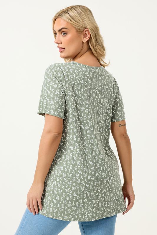 YOURS Plus Size Sage Green Floral Ribbed Swing Top | Yours Clothing 2