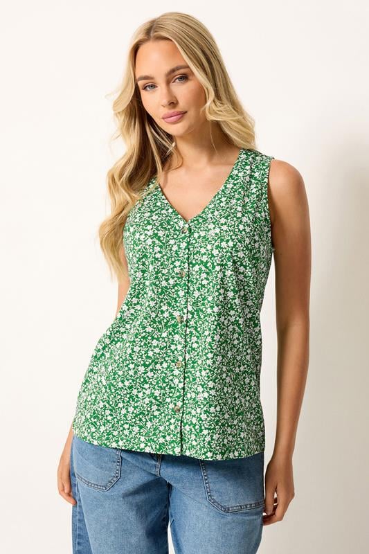 M&Co Green Floral Print Cotton Button Vest Top