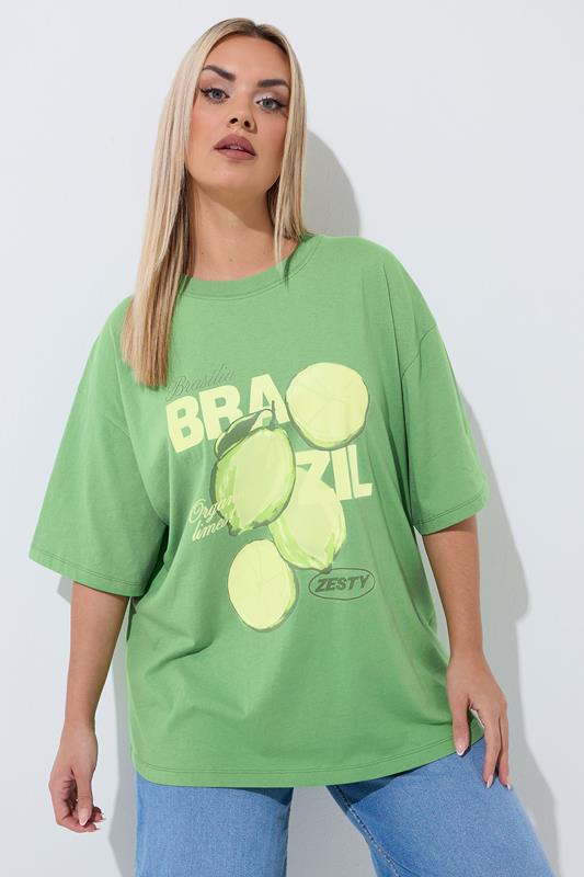 LIMITED COLLECTION Plus Size Green 'Brazil' Lime Longline T-Shirt | Yours Clothing 1