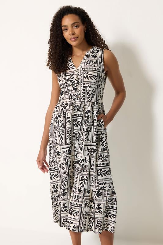 M&Co Black Leaf Print Cotton Sleeveless Midi Dress