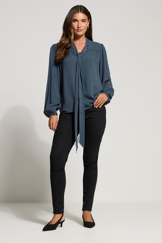 LTS Tall Indigo Blue Acid Wash Tie Neck Blouse | Long Tall Sally 1