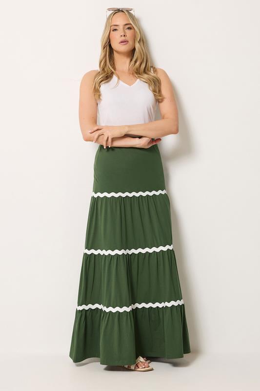 LTS Tall Women's Khaki Green Contrast Swirl Cotton Maxi Skirt | Long Tall Sally 1