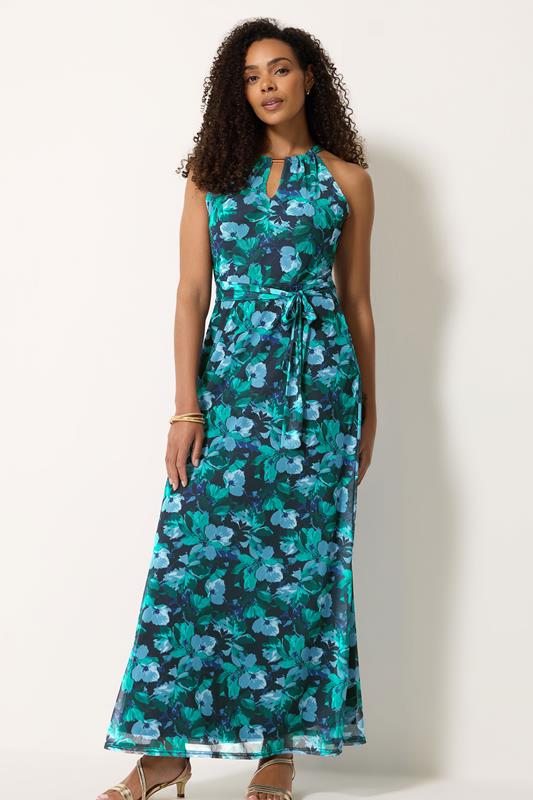 M&Co Green Floral Print Halter Neck Mesh Maxi Dress | M&Co 2