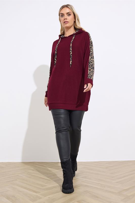 YOURS Plus Size Burgundy Red Leopard Print Trim Hoodie | Yours Clothing  1