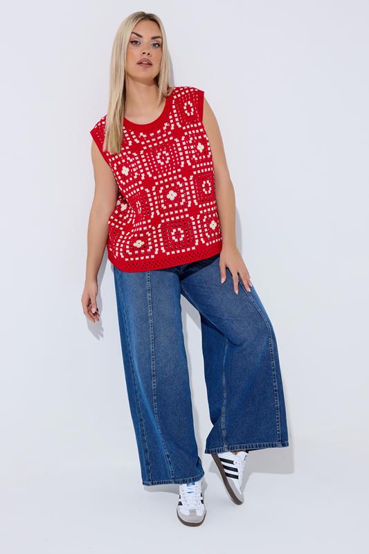 LIMITED COLLECTION Plus Size Red Knitted Crochet Vest | Yours Clothing 1