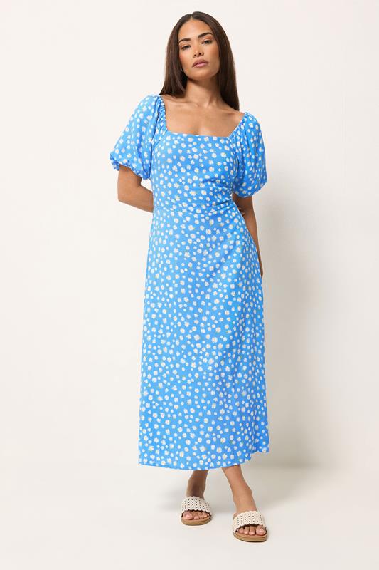 PixieGirl Petite Women's Blue Daisy Puff Sleeve Midi Dress | PixieGirl 1
