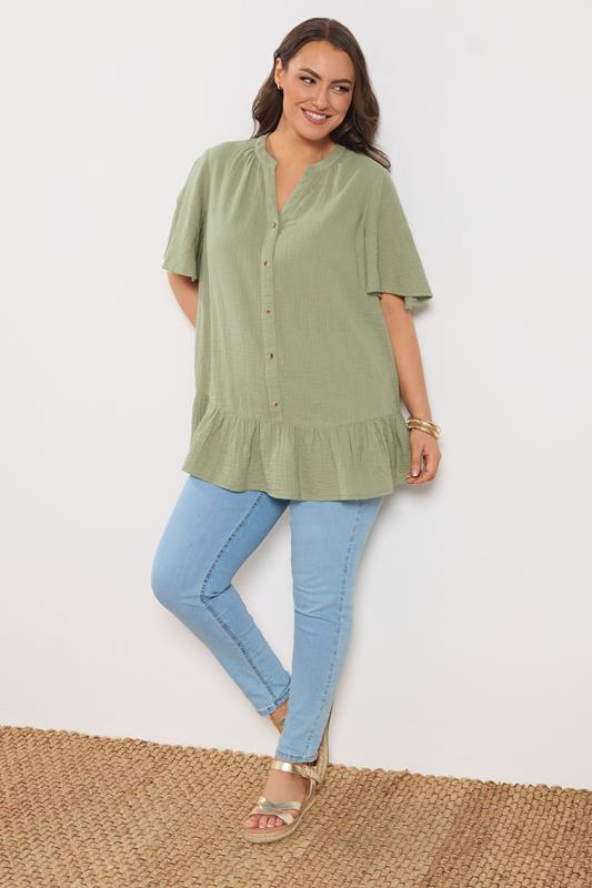 YOURS Plus Size Sage Green Cheesecloth Button Through Top | Yours Clothing 1