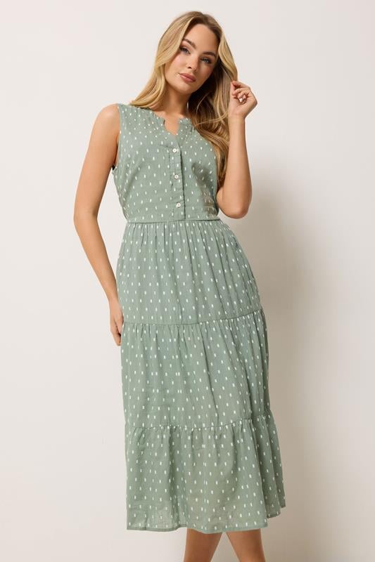 M&Co Sage Green Dobby Sleeveless Cotton Midi Dress | M&Co 1