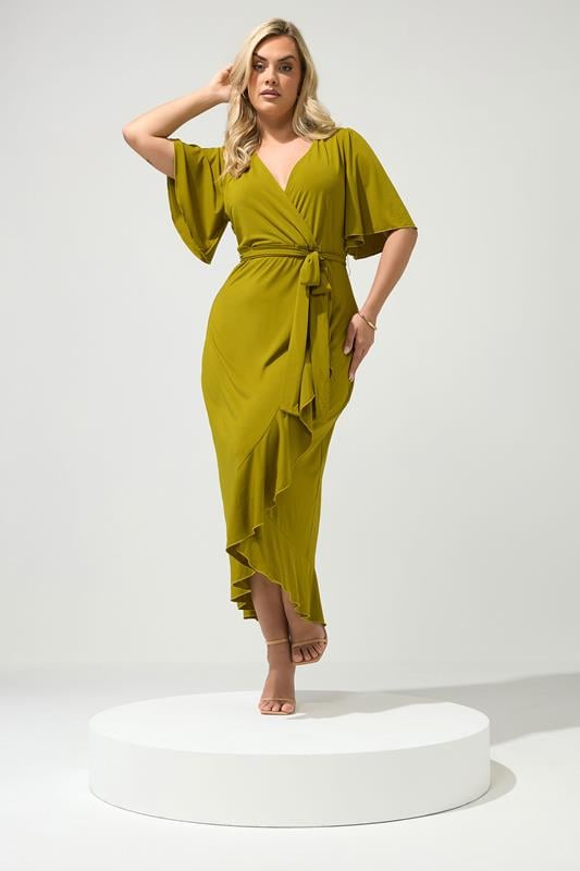 YOURS LONDON Curve Chartreuse Green Short Sleeve Ruffle Wrap Maxi Dress