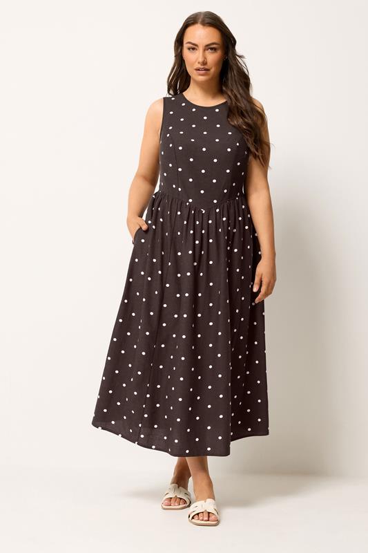 YOURS Plus Size Chocolate Brown Polka Dot Linen Maxi Dress | Yours Clothing 1