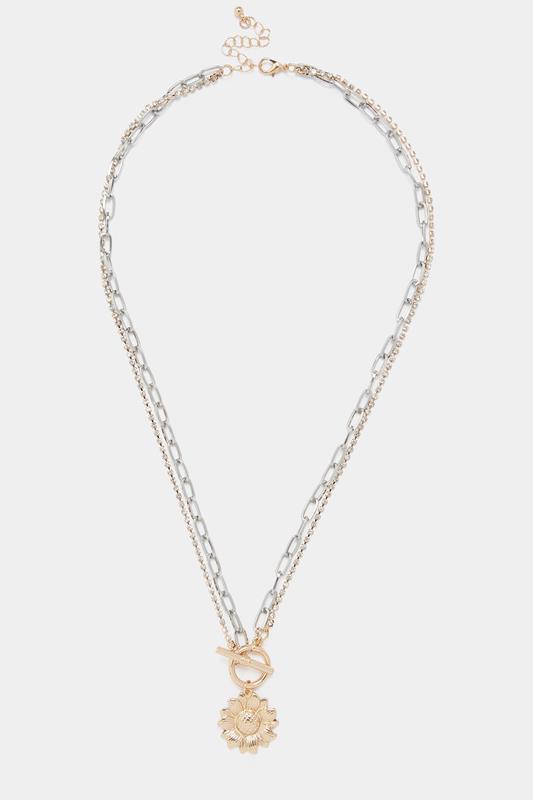 Gold & Silver Tone Pendant Flower Layered Chain Necklace | Yours Clothing 1