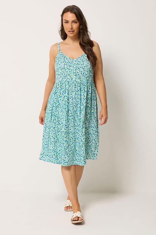  YOURS Curve Blue Ditsy Floral Strappy Midi Sundress