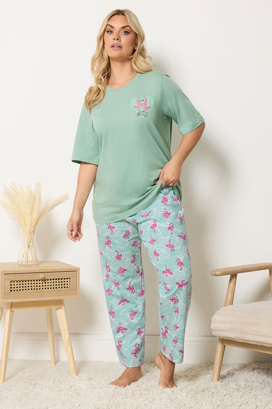 YOURS Plus Size Green Flamingo Pyjama Set | Yours Clothing 1