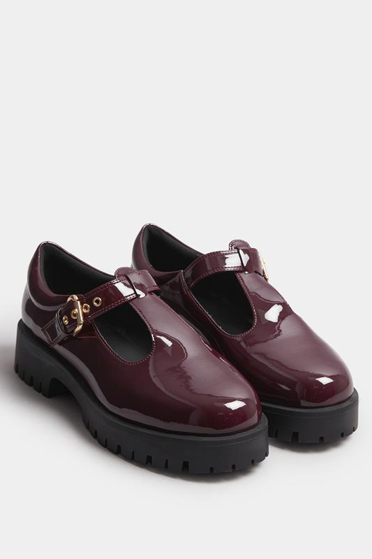 Burgundy Red Patent Chunky T-Bar Mary Janes In Extra Wide EEE Fit | Yours Clothing 2