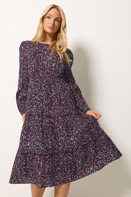 M&Co Berry Purple Ditsy Floral Print Ruffle Midi Dress | M&Co 1