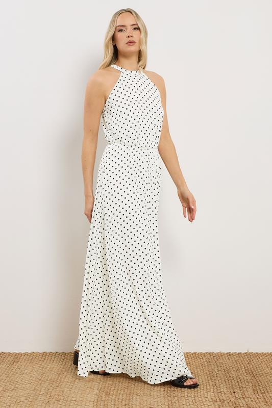 LTS Tall Women's White Satin Polka Dot Halter Neck Dress | Long Tall Sally 1