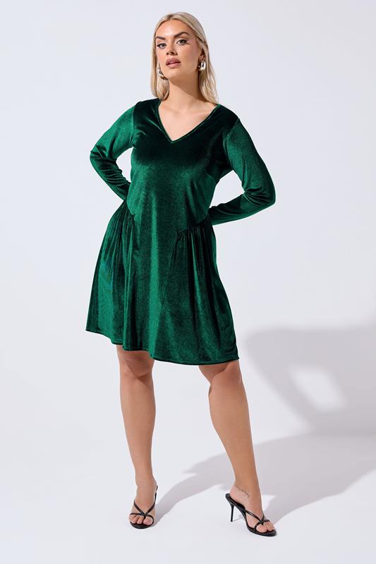 LIMITED COLLECTION Plus Size Forest Green Velvet Skater Dress | Yours Clothing 1