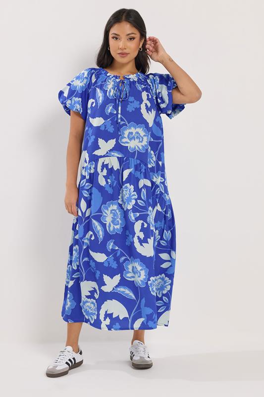 PixieGirl Petite Women's Blue Floral Tie Neck Midi Dress | PixieGirl 2